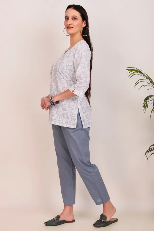 White_Floral_Print_Pure_Cotton_Short_Kurti_With_Pant_-_XXL