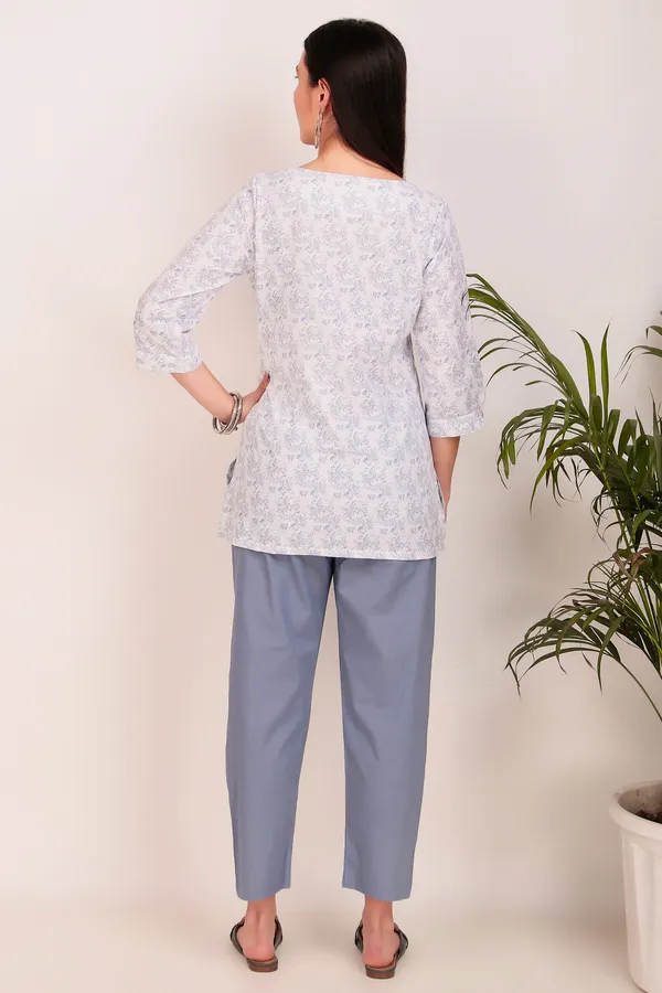 White_Floral_Print_Pure_Cotton_Short_Kurti_With_Pant_-_XXL