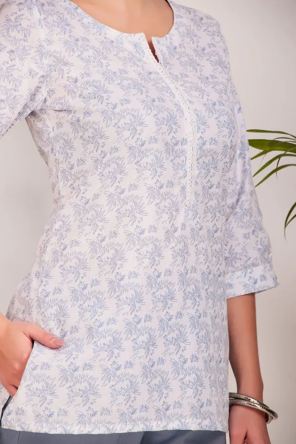 White_Floral_Print_Pure_Cotton_Short_Kurti_With_Pant_-_XXL