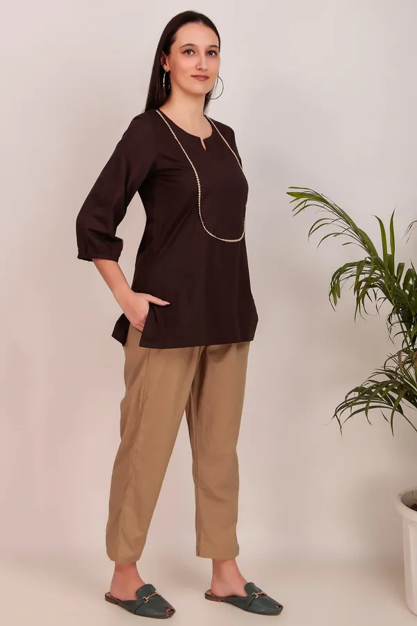 Short_Brown_Cotton_Kurti_With_Lace_Work_With_Pant_-_XXL