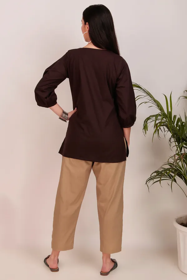 Short_Brown_Cotton_Kurti_With_Lace_Work_With_Pant_-_XXL