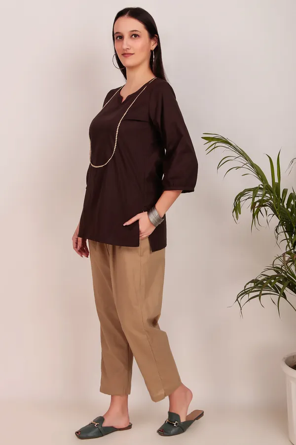 Short_Brown_Cotton_Kurti_With_Lace_Work_With_Pant_-_XXL