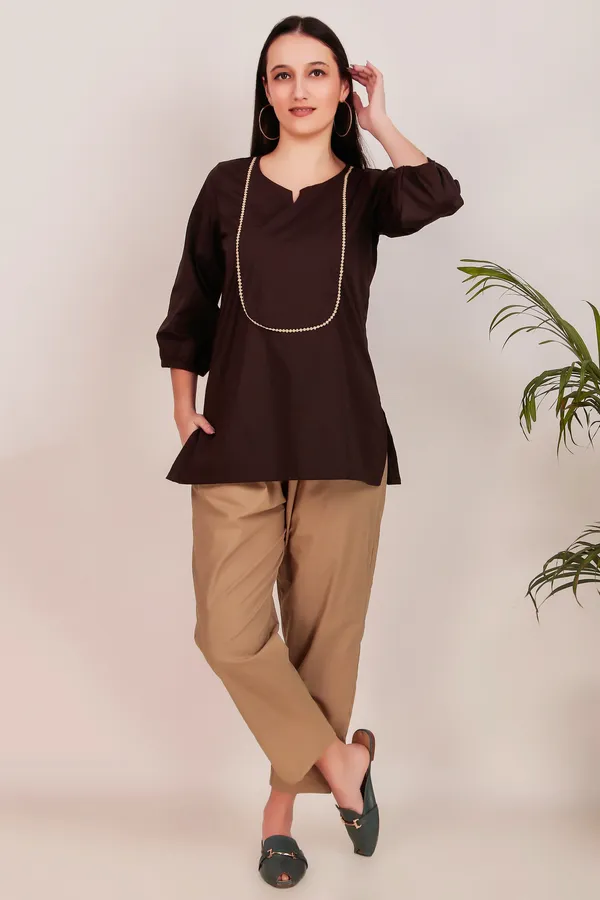 Short_Brown_Cotton_Kurti_With_Lace_Work_With_Pant_-_XXL