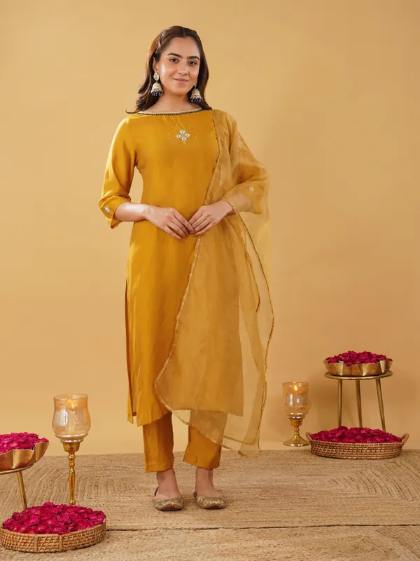 Mustard_Embroidered_Silk_Blend_Kurta_with_Pant_and_Dupatta(Set_of_3)
