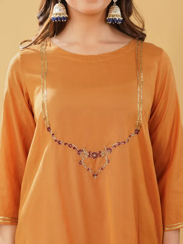 Mustard_Embroidered_Silk_Blend_Short_Kurta_with_Plazzo(Set_of_2)