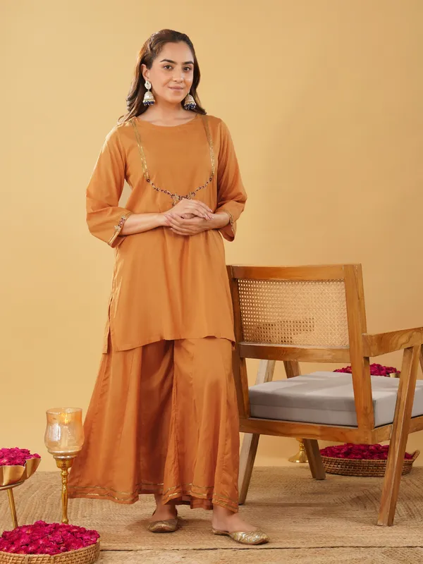 Mustard_Embroidered_Silk_Blend_Short_Kurta_with_Plazzo(Set_of_2)