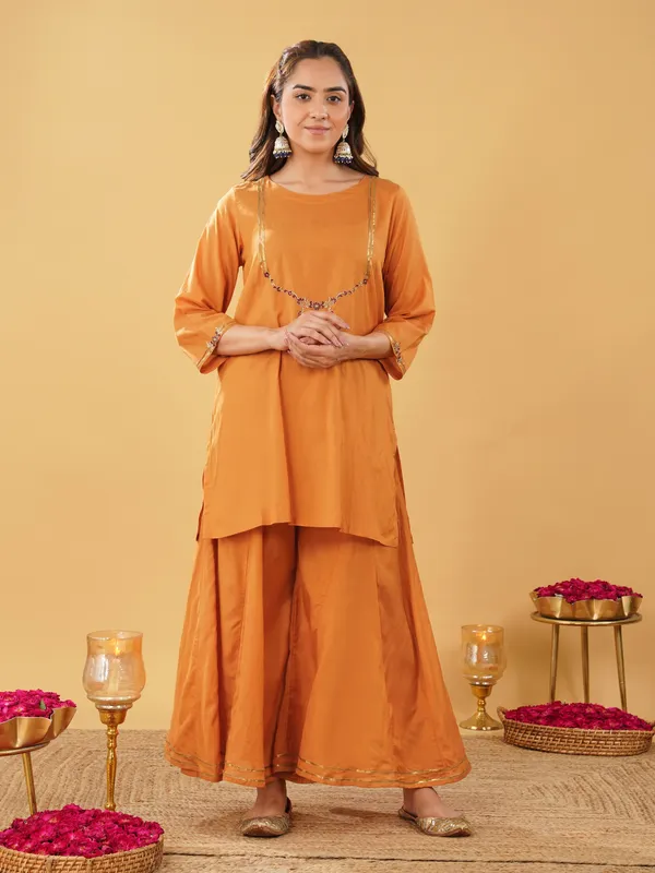 Mustard_Embroidered_Silk_Blend_Short_Kurta_with_Plazzo_and_Dupatta(Set_of_3)