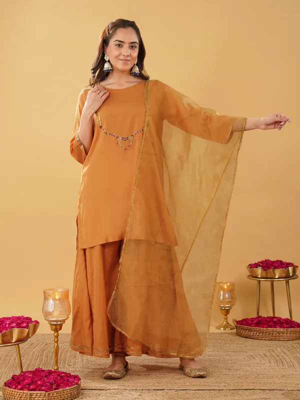 Mustard_Embroidered_Silk_Blend_Short_Kurta_with_Plazzo_and_Dupatta(Set_of_3)