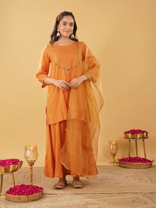 Mustard_Embroidered_Silk_Blend_Short_Kurta_with_Plazzo_and_Dupatta(Set_of_3)