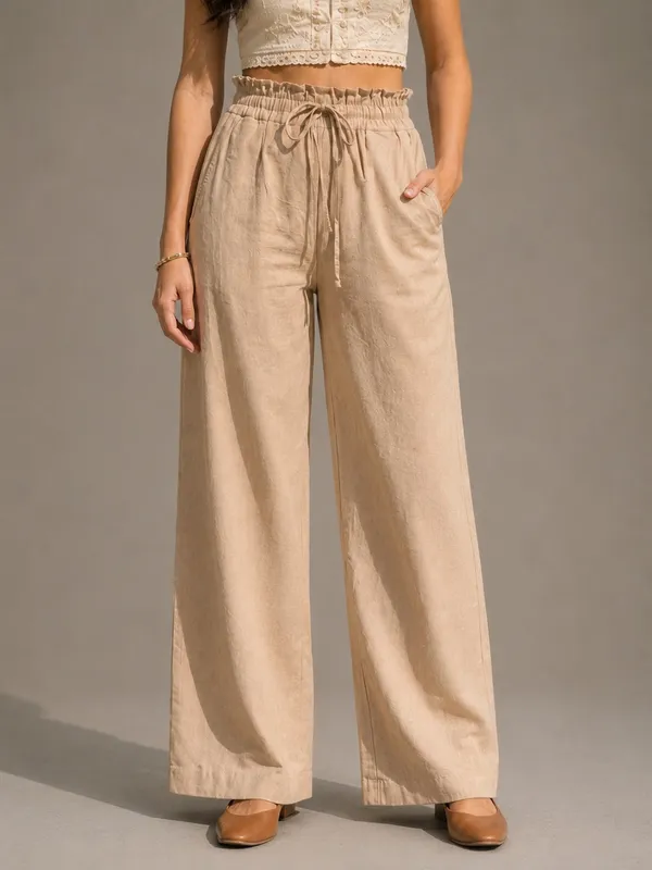 Women's_Beige_Cotton_High-Rise_Paperbag_Wide_Leg_Trousers