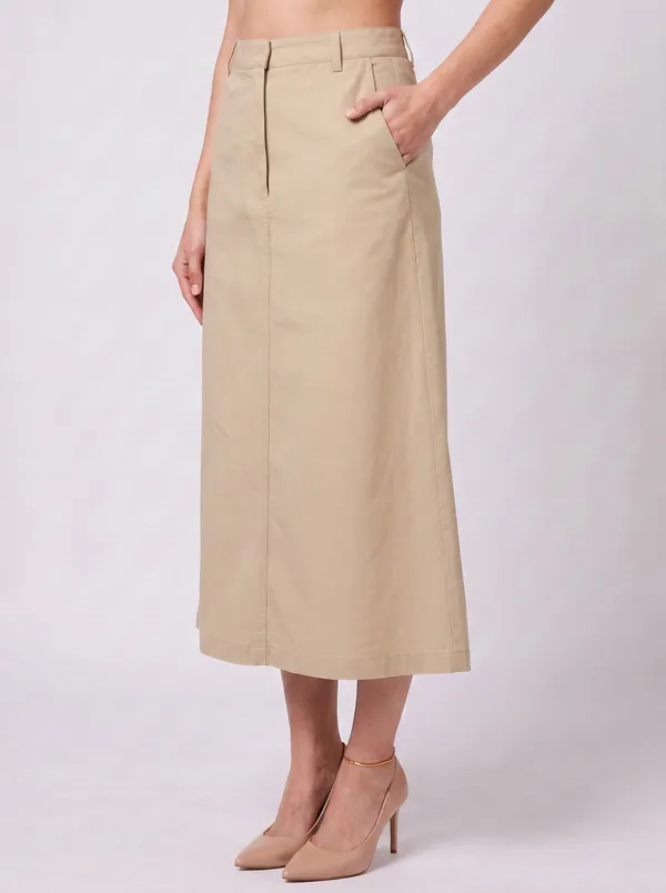 Zuri_Light_Brown_Casual_Midi_Skirt