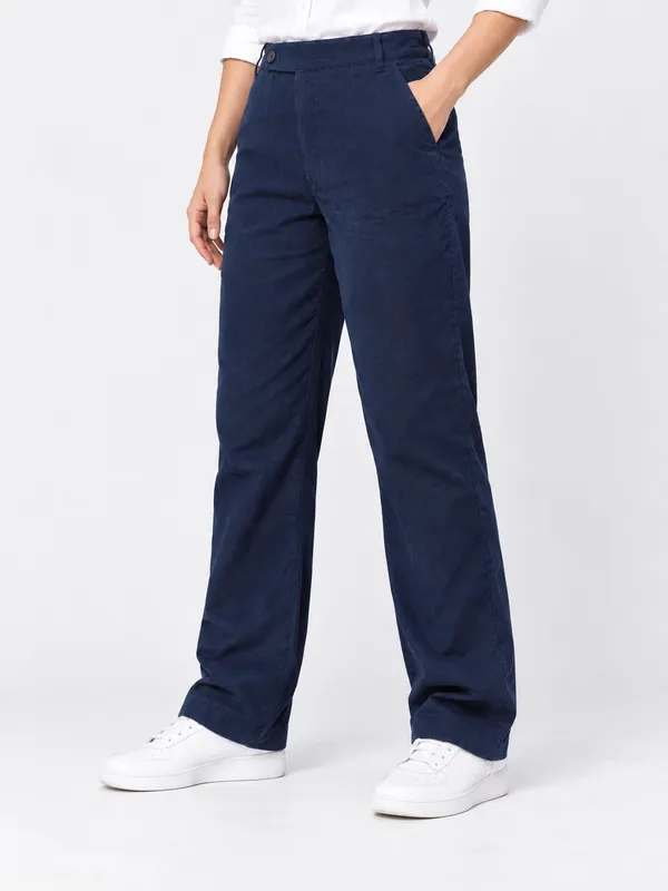 ZURI_Women_Navy_Blue_100%_Cotton_Corduroy_Relaxed_Fit_Trousers