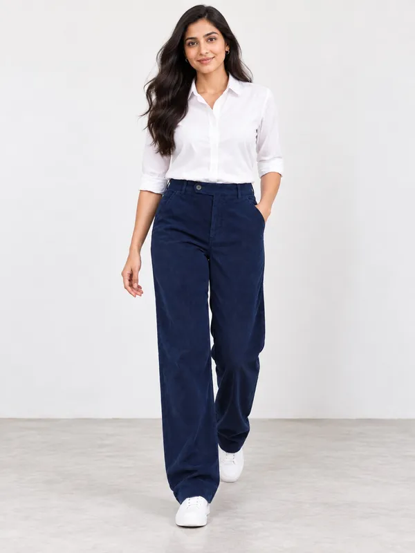 ZURI_Women_Navy_Blue_100%_Cotton_Corduroy_Relaxed_Fit_Trousers