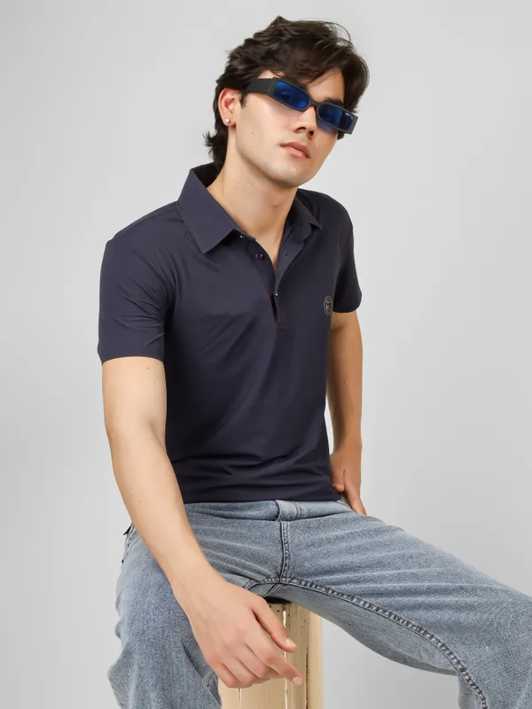 Navy_Blue_Nylon_Short_Sleeve_Seamless_Classic_Fit_Textured_Polo_T-Shirt_For_Men
