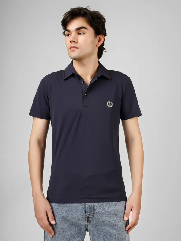 Navy_Blue_Nylon_Short_Sleeve_Seamless_Classic_Fit_Textured_Polo_T-Shirt_For_Men
