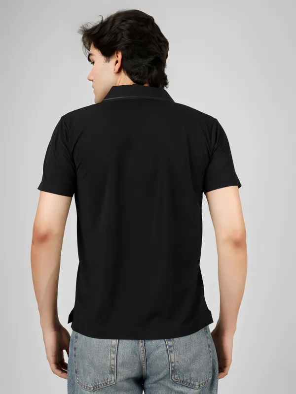Black_Nylon_Short_Sleeve_Classic_Fit_Textured_Polo_T-Shirt_For_Men