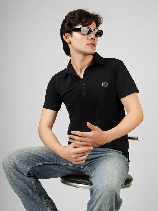 Black_Nylon_Short_Sleeve_Classic_Fit_Textured_Polo_T-Shirt_For_Men