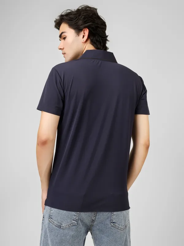 Navy_Blue_Nylon_Short_Sleeve_Seamless_Classic_Fit_Textured_Polo_T-Shirt_For_Men