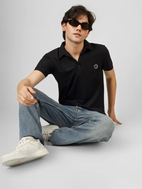 Black_Nylon_Short_Sleeve_Classic_Fit_Textured_Polo_T-Shirt_For_Men