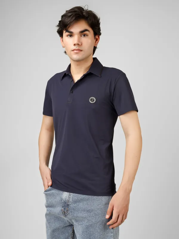 Navy_Blue_Nylon_Short_Sleeve_Seamless_Classic_Fit_Textured_Polo_T-Shirt_For_Men
