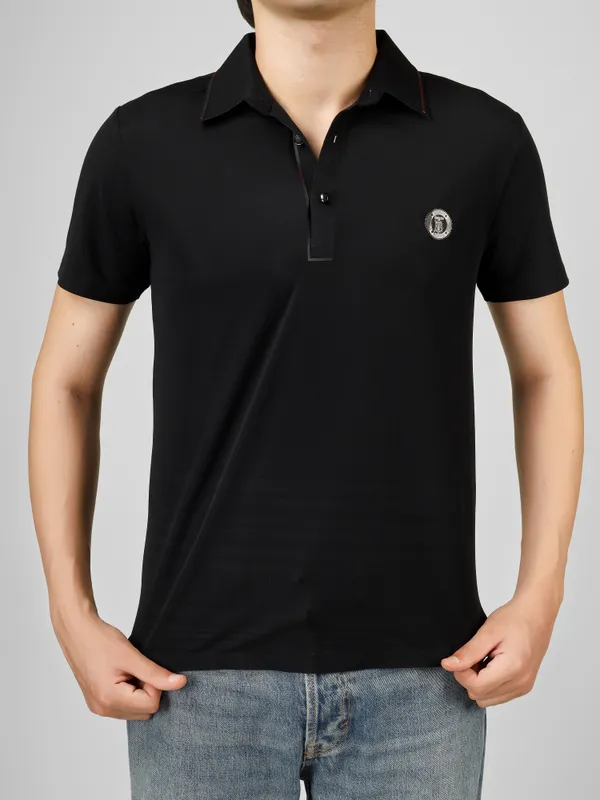 Black_Nylon_Short_Sleeve_Classic_Fit_Textured_Polo_T-Shirt_For_Men
