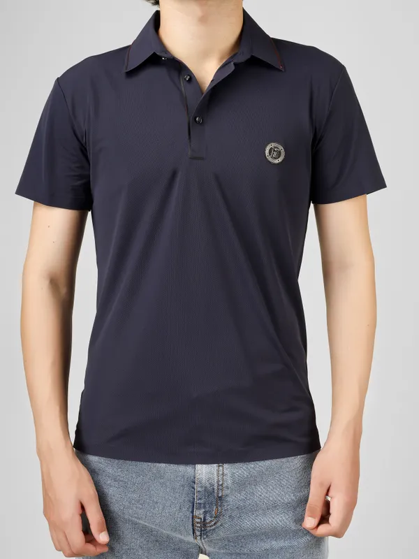 Navy_Blue_Nylon_Short_Sleeve_Seamless_Classic_Fit_Textured_Polo_T-Shirt_For_Men
