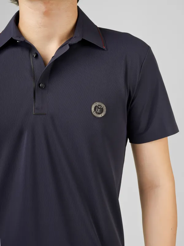 Navy_Blue_Nylon_Short_Sleeve_Seamless_Classic_Fit_Textured_Polo_T-Shirt_For_Men