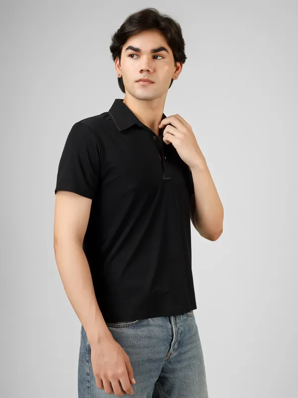 Black_Nylon_Short_Sleeve_Classic_Fit_Textured_Polo_T-Shirt_For_Men