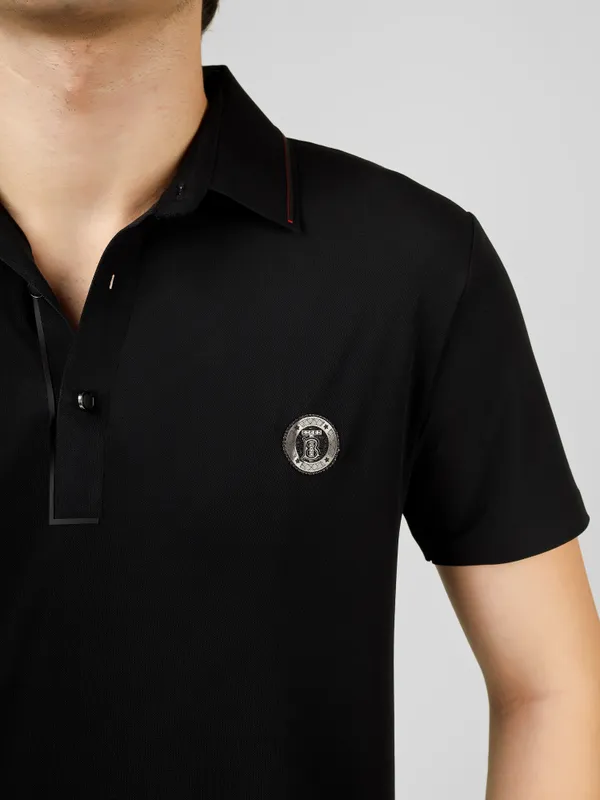 Black_Nylon_Short_Sleeve_Classic_Fit_Textured_Polo_T-Shirt_For_Men