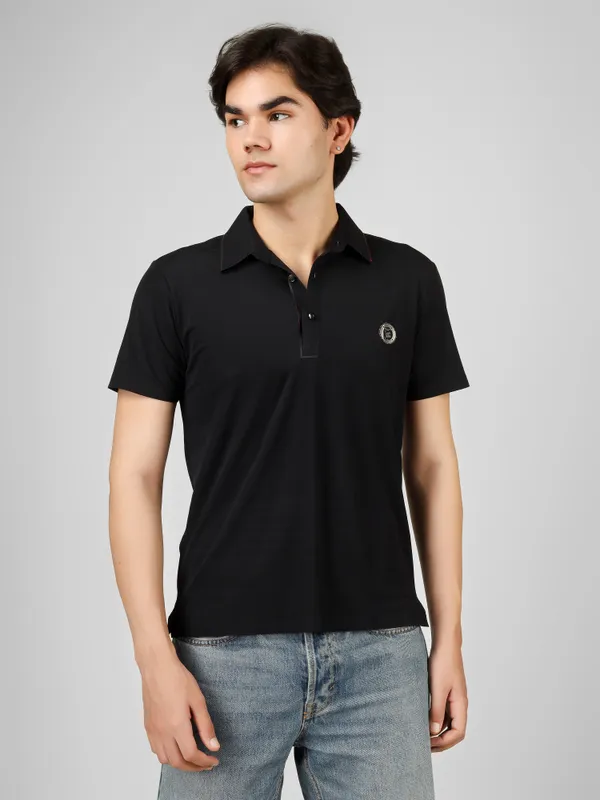 Black_Nylon_Short_Sleeve_Classic_Fit_Textured_Polo_T-Shirt_For_Men
