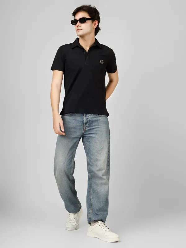 Black_Nylon_Short_Sleeve_Classic_Fit_Textured_Polo_T-Shirt_For_Men