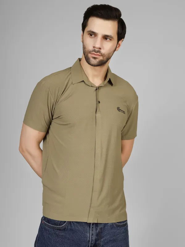 Dusty_Olive_Nylon_Textured_Spread_Collar_T_Shirt_For_Men