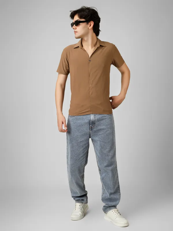 Brown_Cotton_V-Neck_Seamless_T-Shirt__For_Men