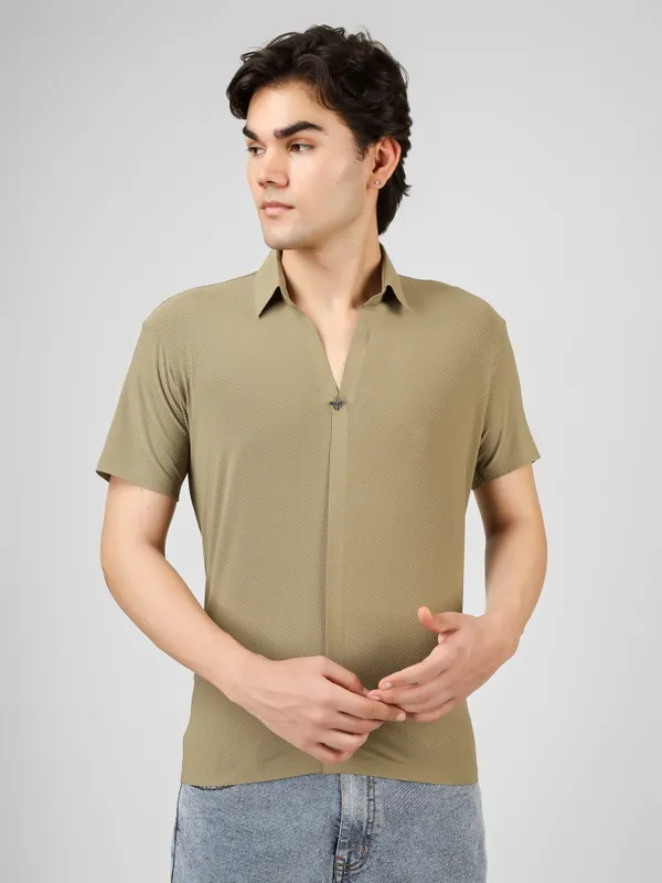 Dusty_Olive_Nylon_Textured_V-Neck_Seamless_T-Shirt__For_Men