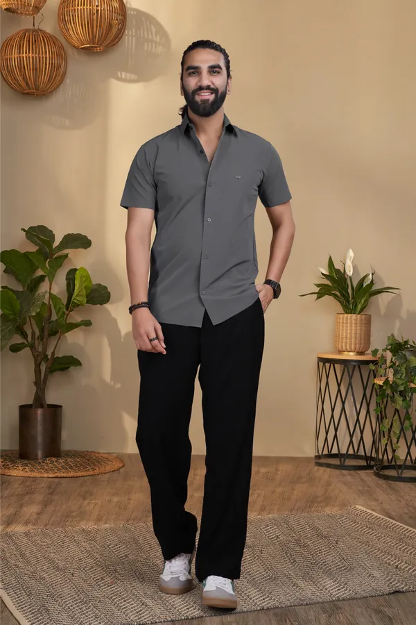 Dark_Grey_Nylon_knitted_seamless_Short-Sleeve_Button_Shirt_For_Men
