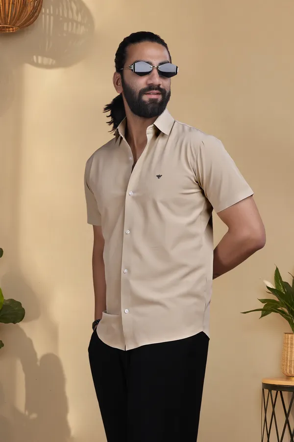 Cream_Nylon_Seamless_Short-Sleeve_Button_Shirt_For_Men