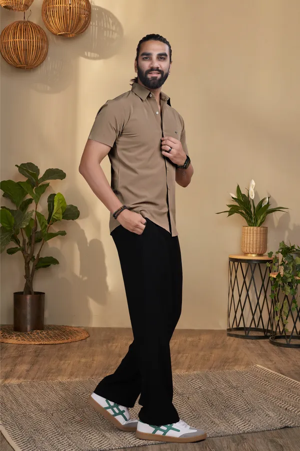 Olive_Nylon_Knitted_Seamless_Short-Sleeve_Button_Shirt_For_Men