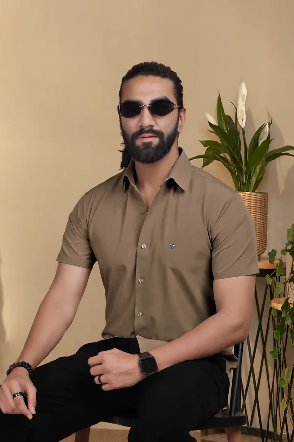Olive_Nylon_Knitted_Seamless_Short-Sleeve_Button_Shirt_For_Men