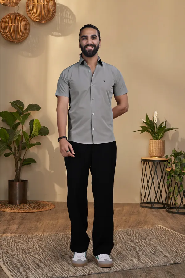Light_Grey_Nylon_Knitted_Seamless_Short-Sleeve_Button_Shirt_For_Men