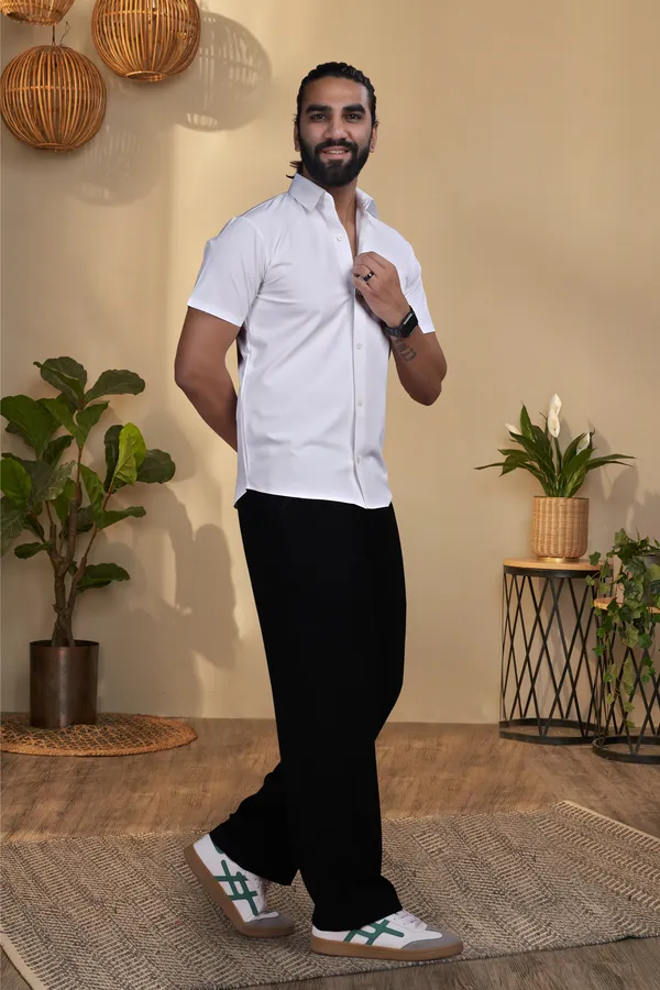White_Nylon_knitted_Seamless_Short-Sleeve_Button_Shirt_For_Men