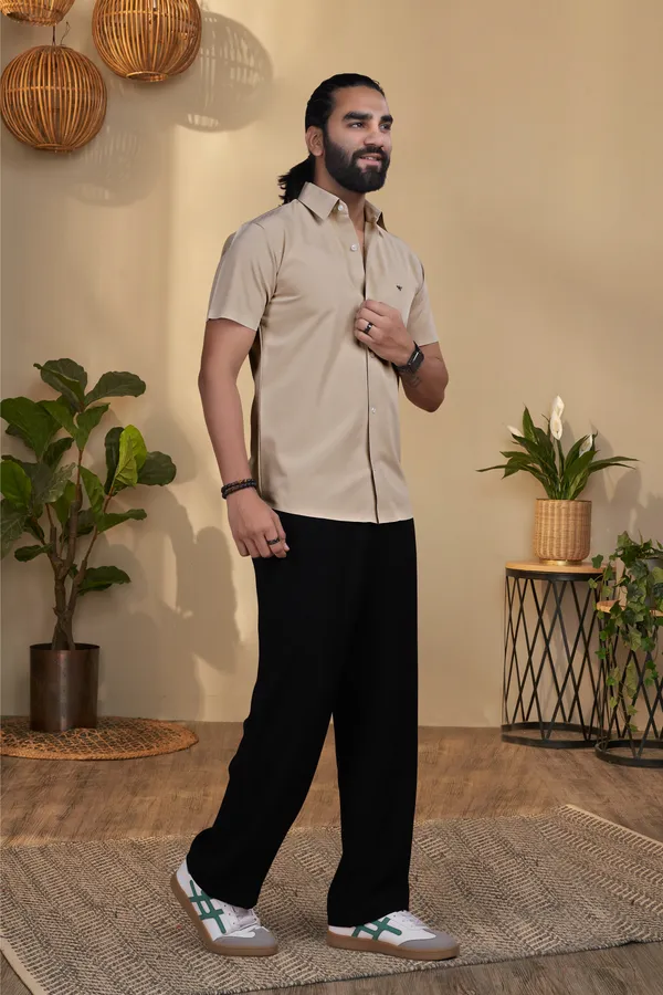 Cream_Nylon_Seamless_Short-Sleeve_Button_Shirt_For_Men