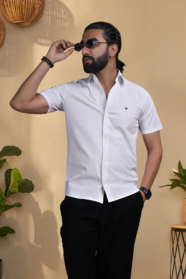 White_Nylon_knitted_Seamless_Short-Sleeve_Button_Shirt_For_Men