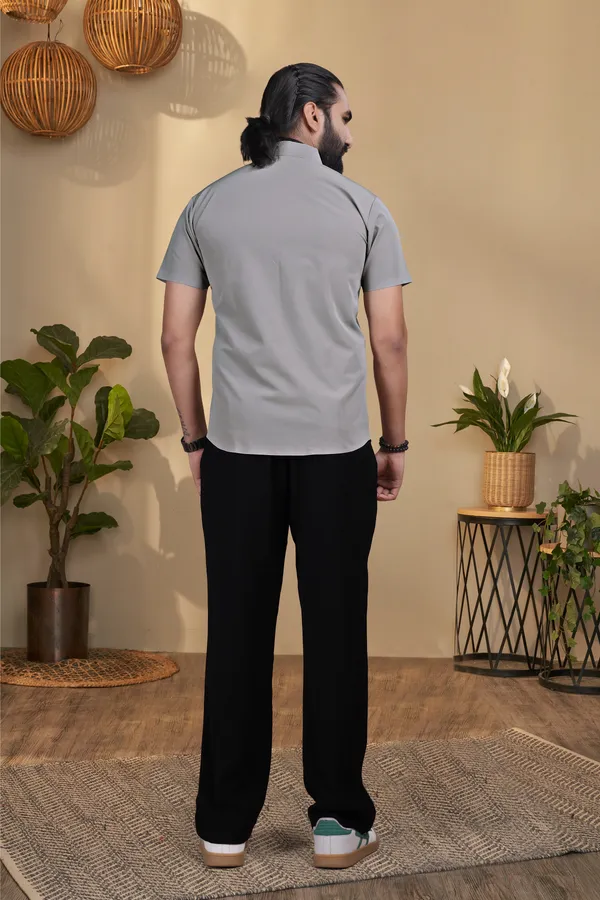 Light_Grey_Nylon_Knitted_Seamless_Short-Sleeve_Button_Shirt_For_Men