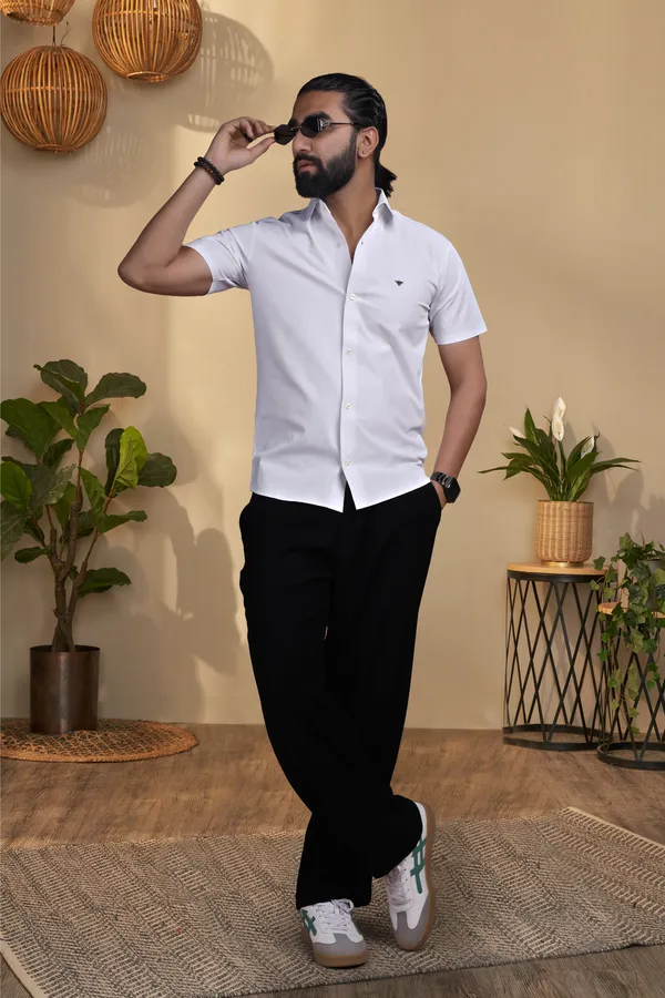 White_Nylon_knitted_Seamless_Short-Sleeve_Button_Shirt_For_Men