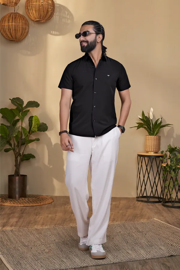Black_Knitted_Nylon_Seamless_Short-Sleeve_Button_Shirt_For_Men
