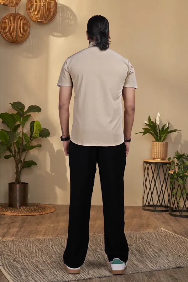 Cream_Nylon_Seamless_Short-Sleeve_Button_Shirt_For_Men