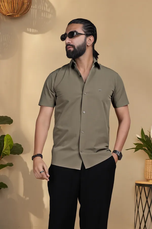 Olive_Nylon_Knitted_Seamless_Short-Sleeve_Button_Shirt_For_Men