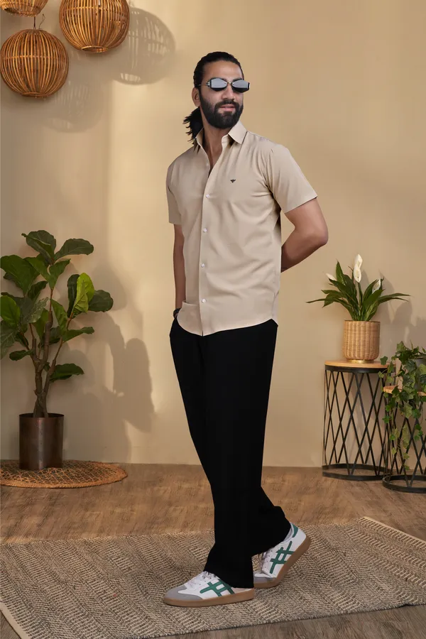 Cream_Nylon_Seamless_Short-Sleeve_Button_Shirt_For_Men