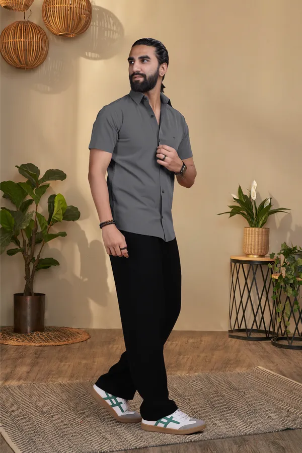 Dark_Grey_Nylon_knitted_seamless_Short-Sleeve_Button_Shirt_For_Men