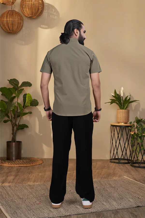 Olive_Nylon_Knitted_Seamless_Short-Sleeve_Button_Shirt_For_Men